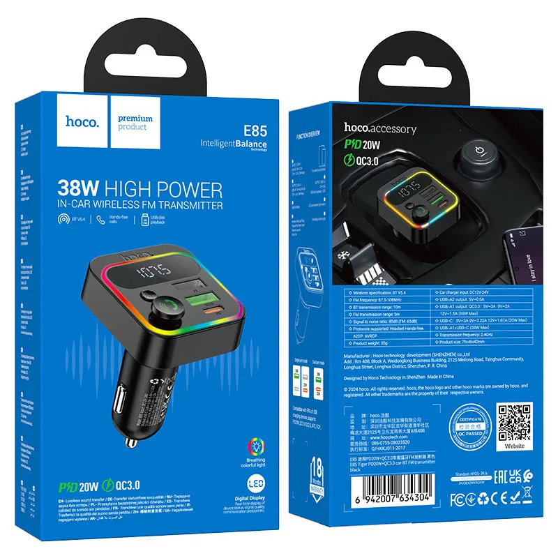 HOCO E85 Tiger PD20W QC3.0 Car Bluetooth FM Transmitter