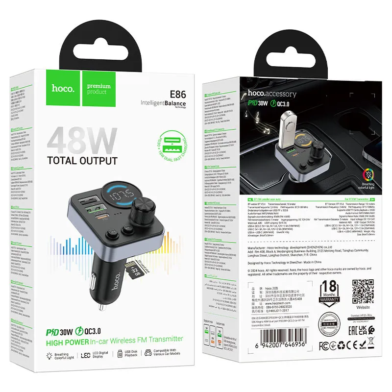 HOCO E86 Alegria 48W Dual Port PD30W QC3.0 Car Bluetooth FM Transmitter