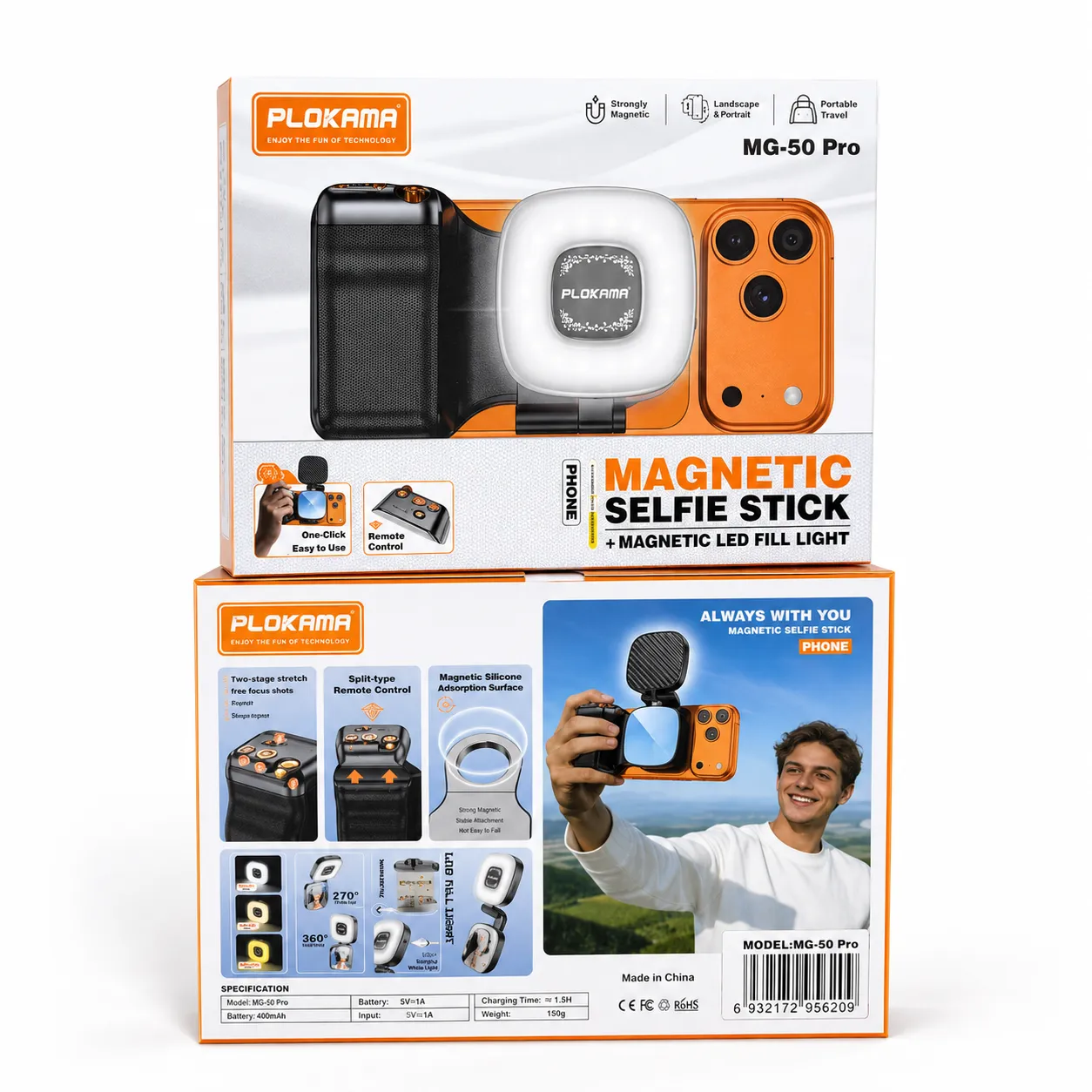 Plokama MG-50 Pro Magnetic Selfie Stick with LED Fill Light