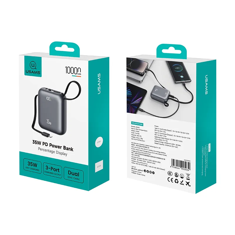 USAMS CD261 35W Digital Display Dual-Cable Power Bank 10000mAh